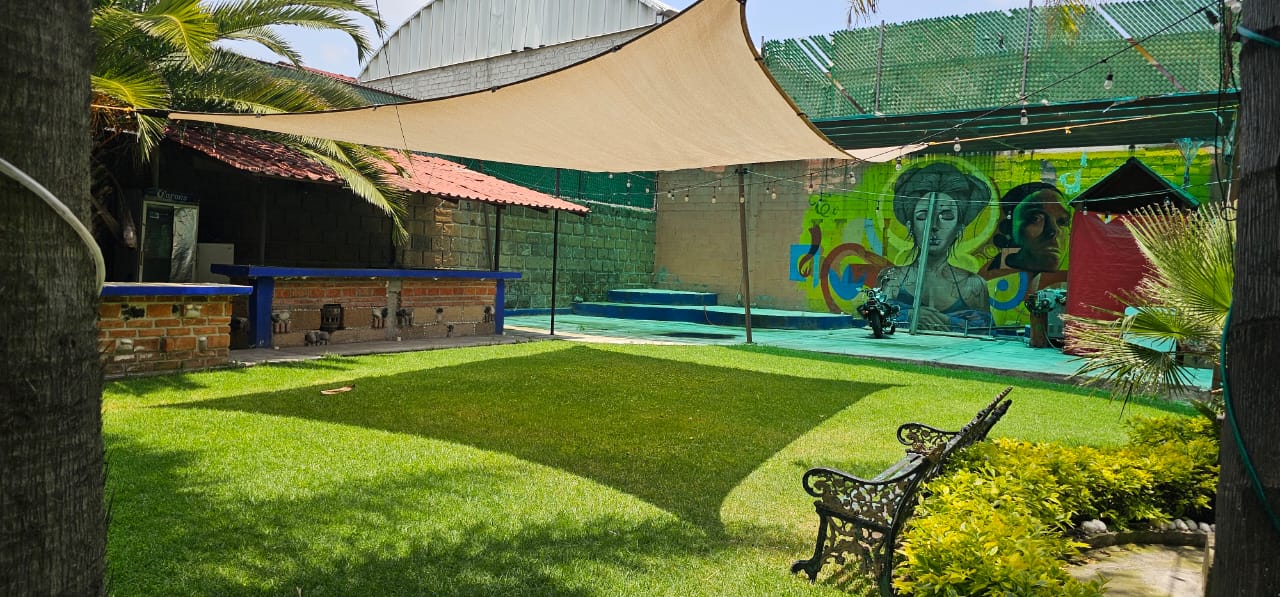Toldo, murales y áreas verdes